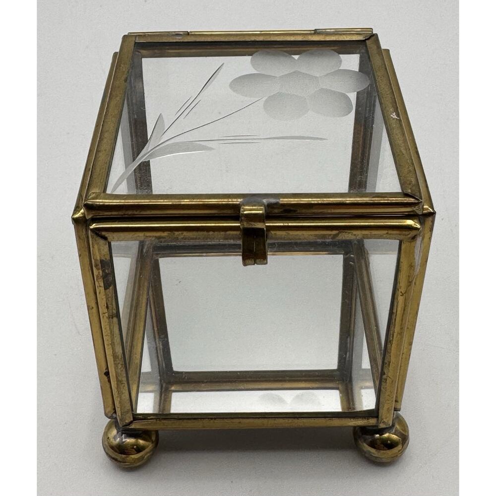 Vintage Etched Glass & Brass Trinket Box Footed 2 Inch Cube Square Ring Display